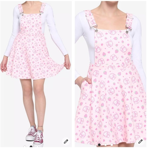 Hot Topic Strawberry Milk Scuba Skirtall Overall XL Pink White Pockets Kawaii - Picture 2 of 11